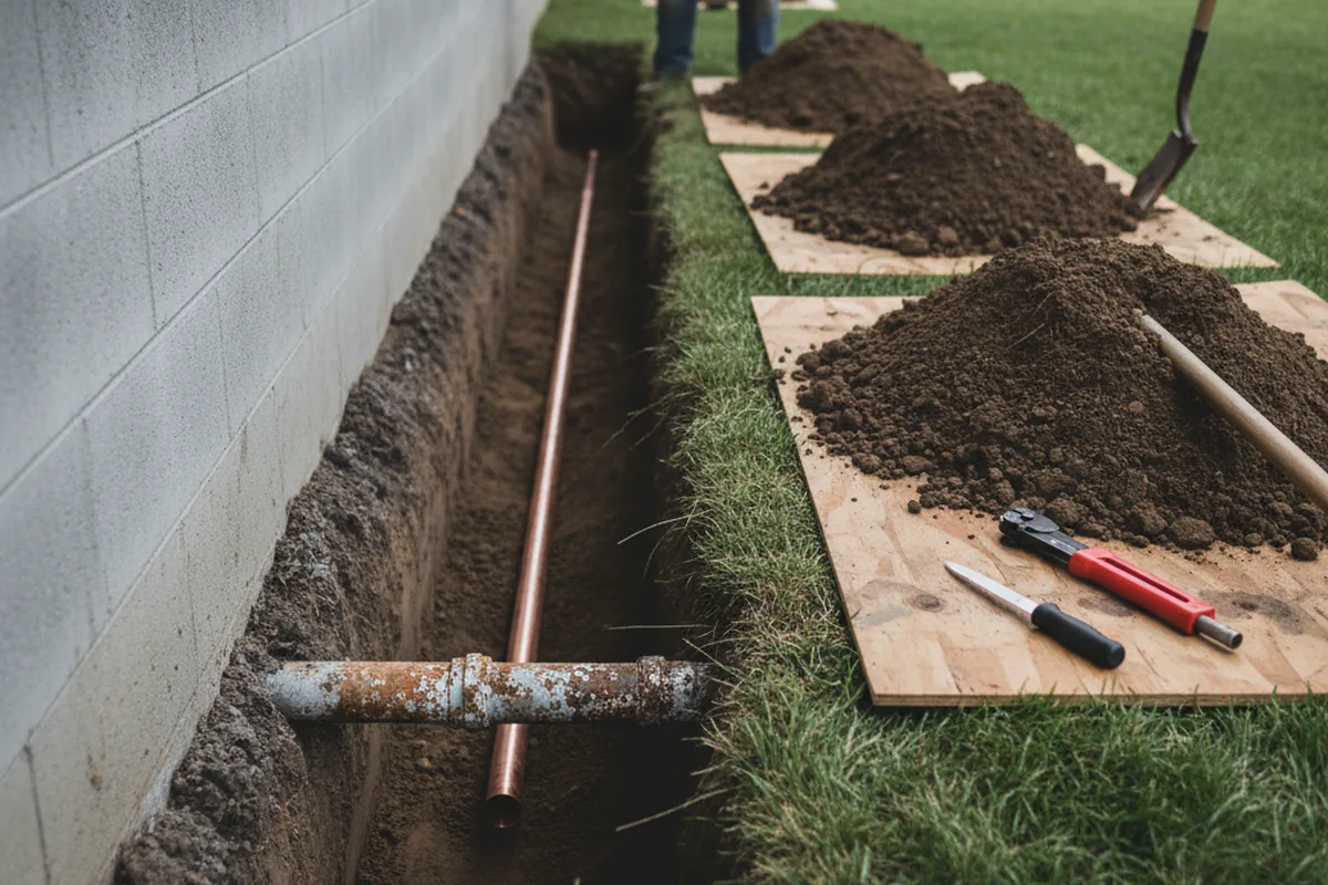 Excavated water line trench during Water Softener Installation in Thompson